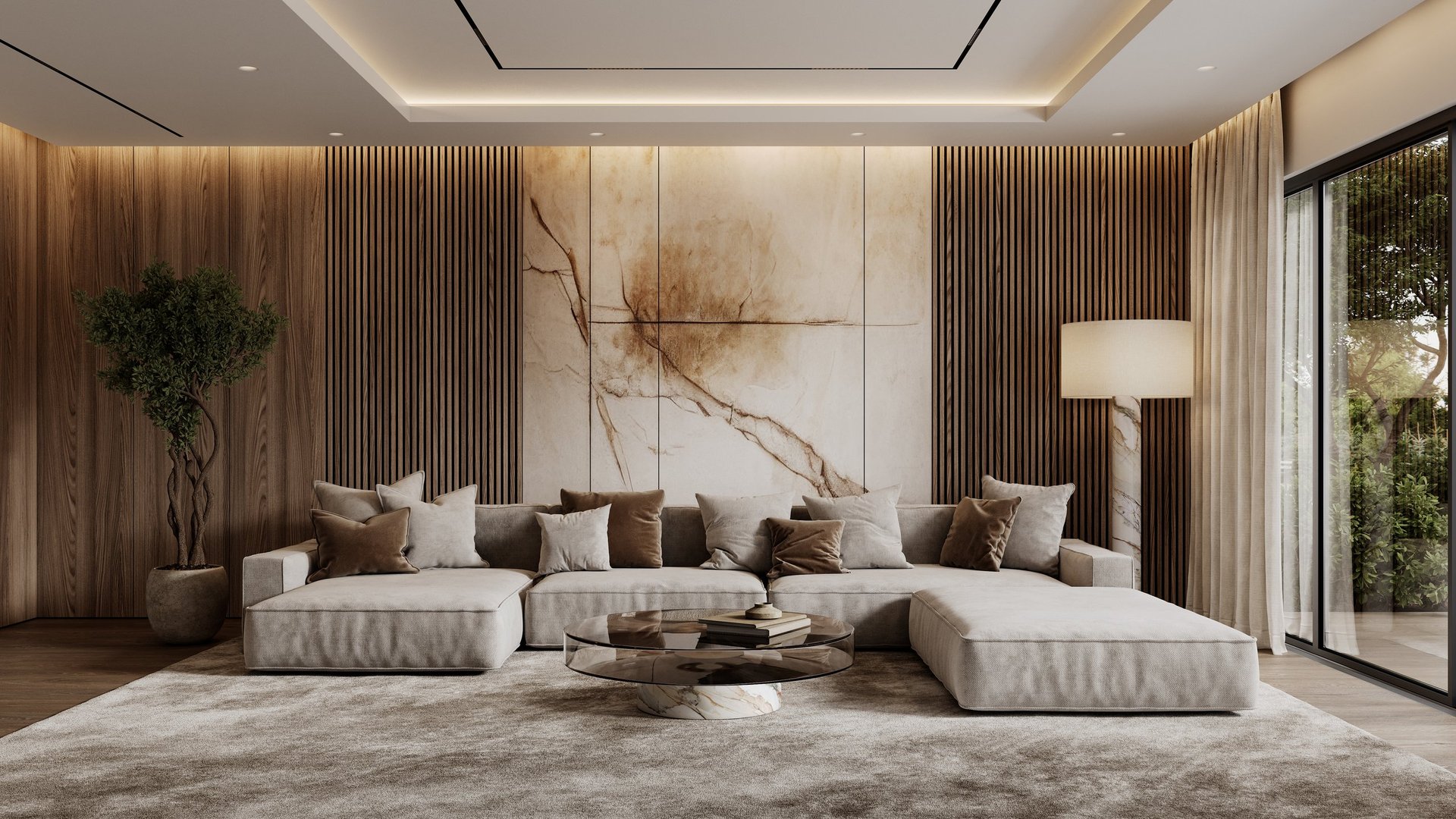 Luxurious modern living room with premium flooring