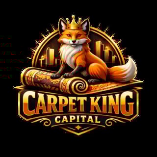 Carpet King Capital logo featuring a regal fox wearing a crown, holding a rolled carpet, with a gold city skyline and decorative elements on black background