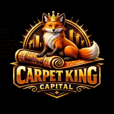 Carpet King Capital logo featuring a regal fox wearing a crown, holding a rolled carpet, with a gold city skyline and decorative elements on black background